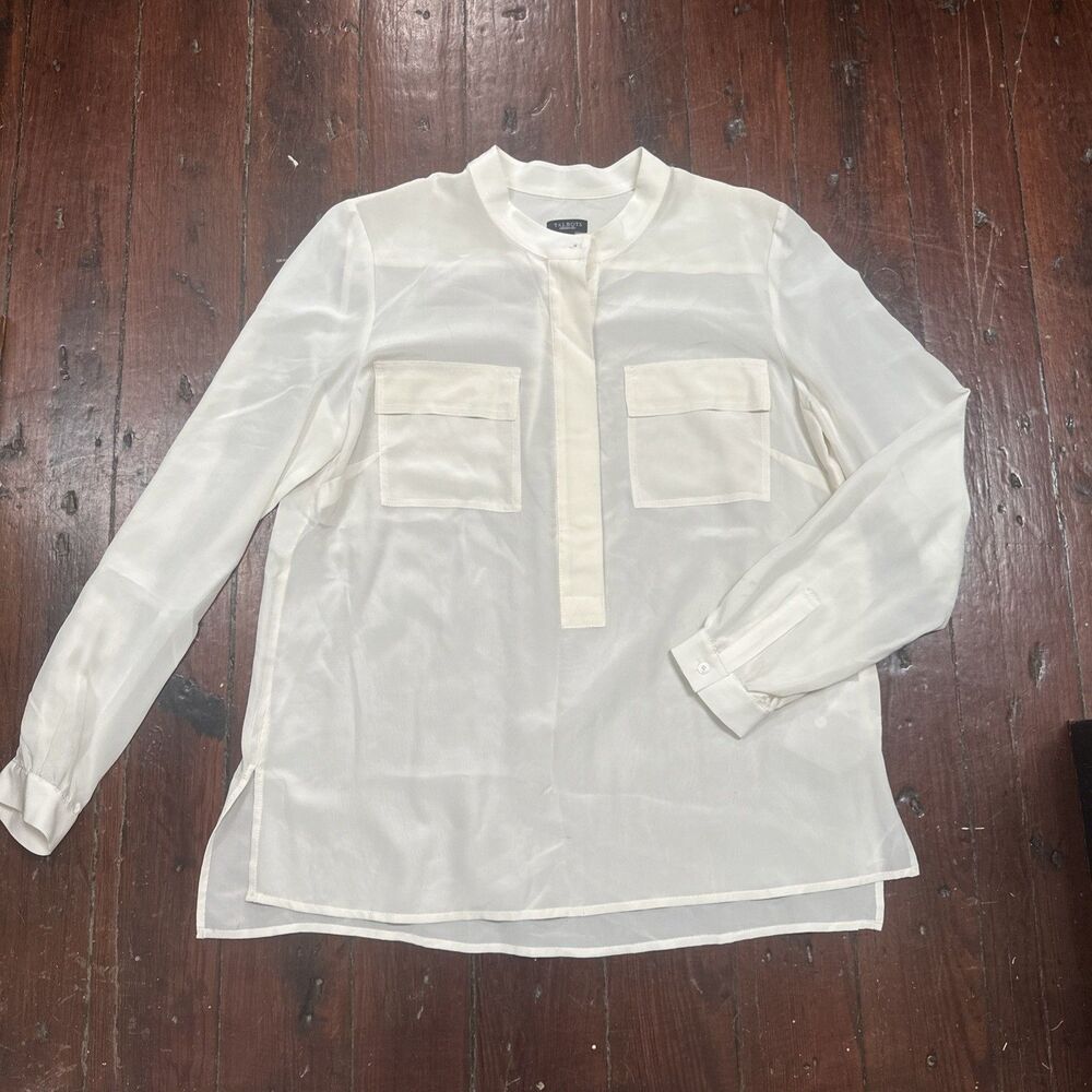 Talbots Silk Blouse Long Sleeve Band Collar Cream M Dressy Classic Career